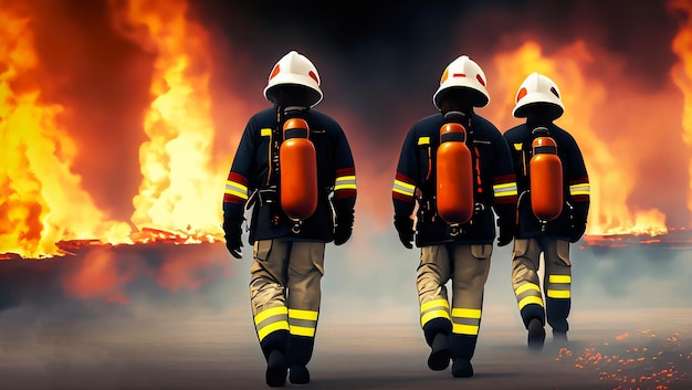 유니폼을 입은 소방관 들 이 산소 풍선 을 들고 앞으로 걸어 가서 불 을 태우고 있는 일러스트레이션