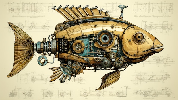 그림 물고기 steampunk 오래 된 종이 포스터 보기