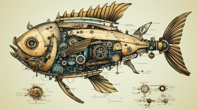 그림 물고기 steampunk 오래 된 종이 포스터 보기