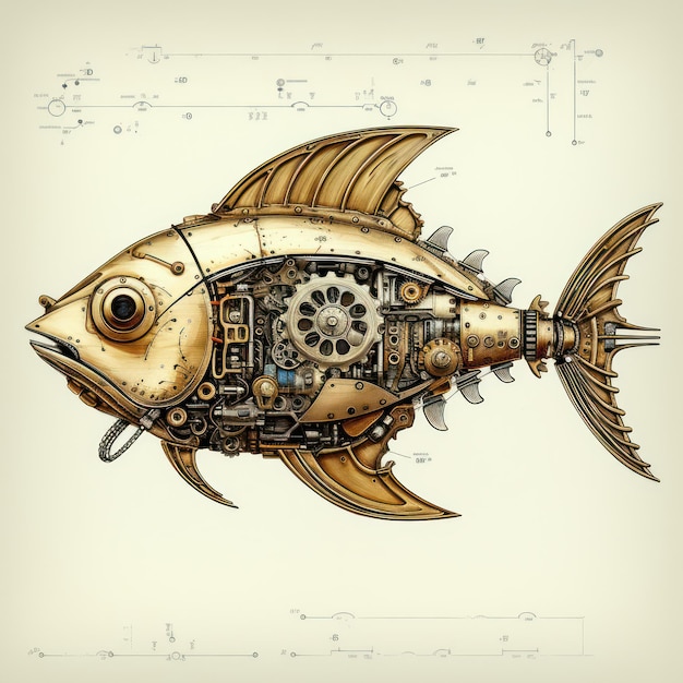 Foto illustrazione pesce steampunk look vecchio poster di carta