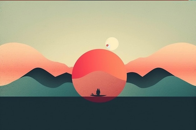 Illustration of a fisherman on a boat in a lake at sunset