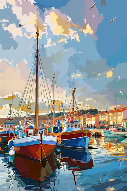 illustration a fishing boat in the port of the old town