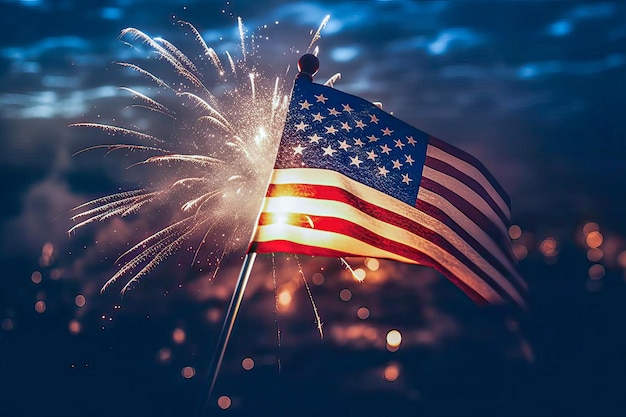 アメリカの独立記念日のシンボルの雲の花火の背景にアメリカ国旗のイラスト