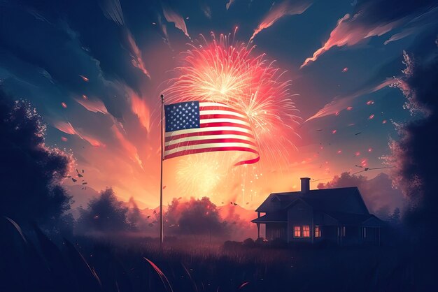Illustration of flag usa on fireworks background in clouds for Independence Day Symbol of America