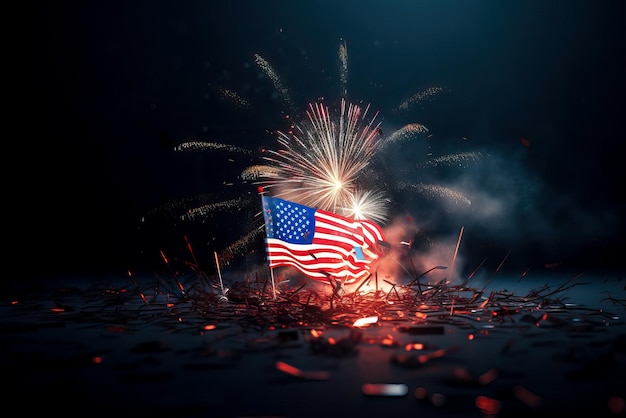 Illustration of flag usa on fireworks background in clouds for Independence Day Symbol of America