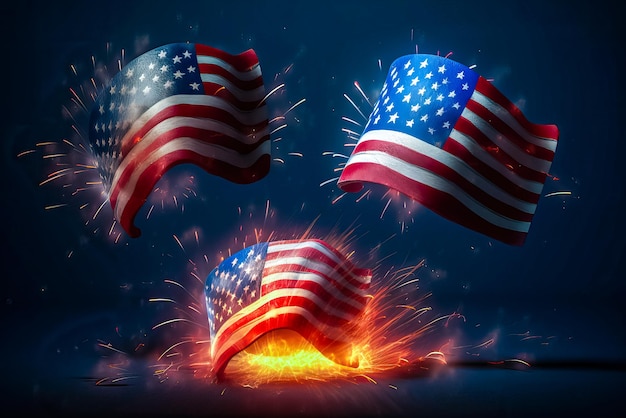 Illustration of flag usa on fireworks background in clouds for Independence Day Symbol of America