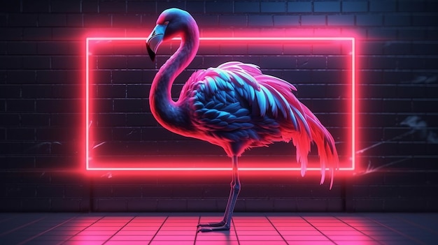 Photo illustration of a flamingo standing in front of a neon frame