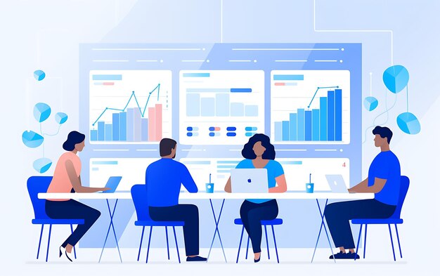 Illustration flat design of a UX research team scrutinizing user and solving issue