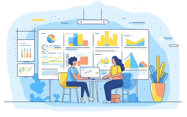 Illustration flat design of a UX research team scrutinizing user and solving issue