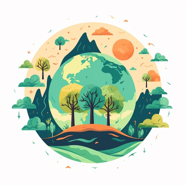 Illustration of a flat earth with trees and mountains in the background generative ai