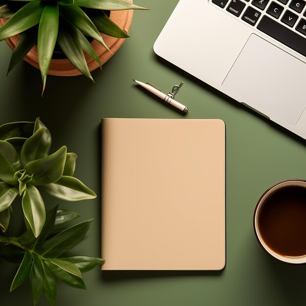 illustration of A flat lay shot of a desk with laptop notebook pen