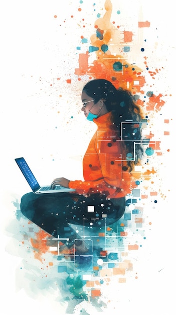 An illustration in flat watercolor style depicts data streaming from a woman using a laptop showcasing digital connectivity and technology