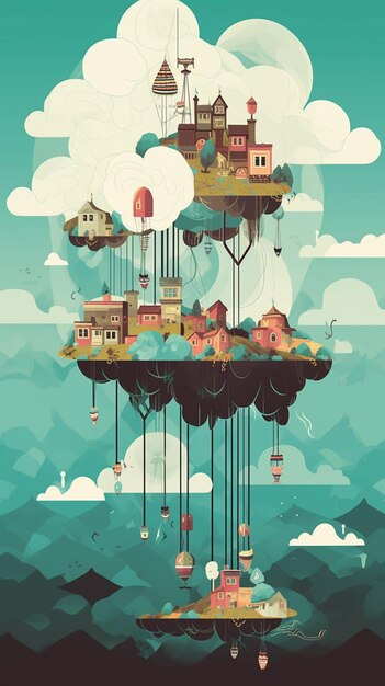 Illustration of a floating island with a house and a boat generative ai
