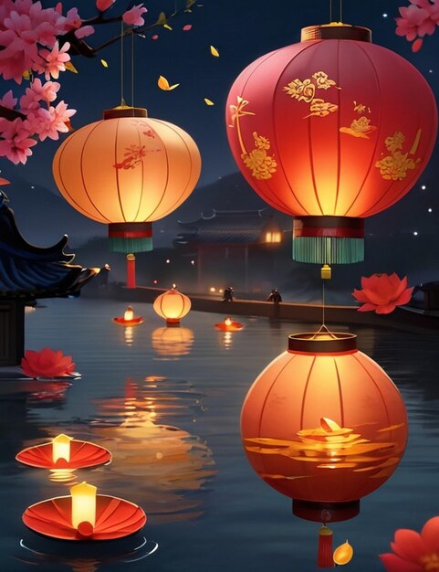 Photo illustration of floating lanterns on a river welcoming a new beginning for the chinese new year