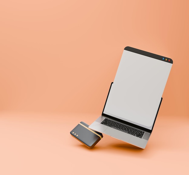 Illustration of a floating laptop with a debit card online transactions save money online