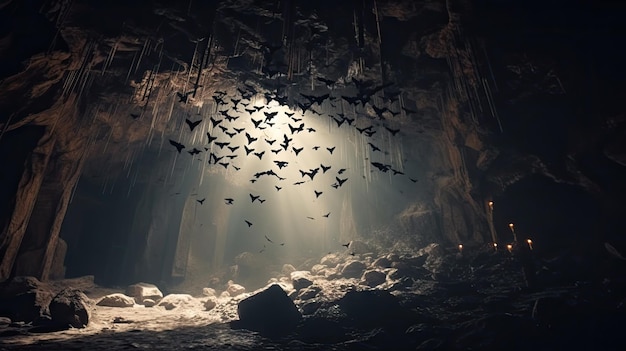 illustration of a flock of bats in their nest cave