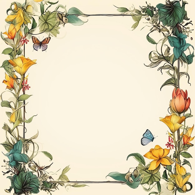 an illustration of a floral frame with butterflies and flowers