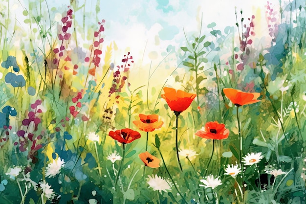 Illustration of a flower meadow in spring