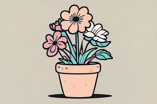 Photo illustration of a flowerpot with pink and blue flowers on a gray background ai generative