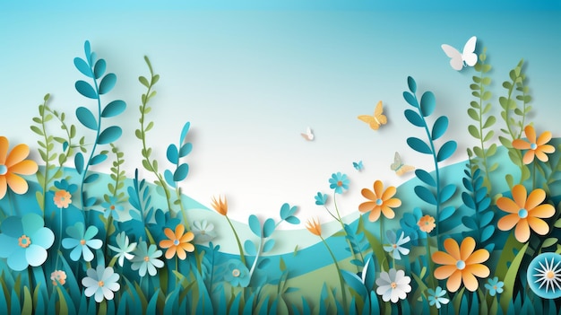 青色の背景に花と蝶のイラスト