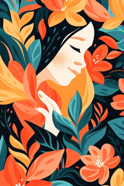 Иллюстрация цветов, листьев и женского лица в плоском дизайне, созданная AI