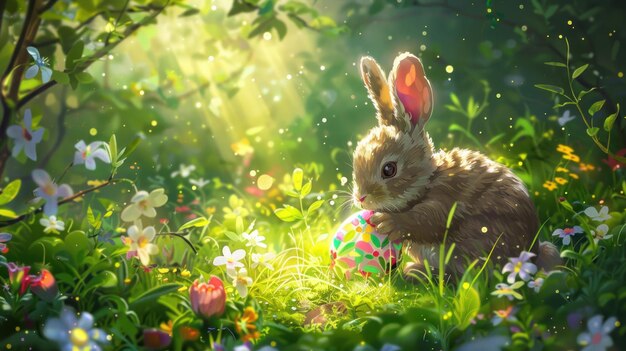 illustration of fluffy rabbit cradling a decorated Easter egg on a lush green meadow