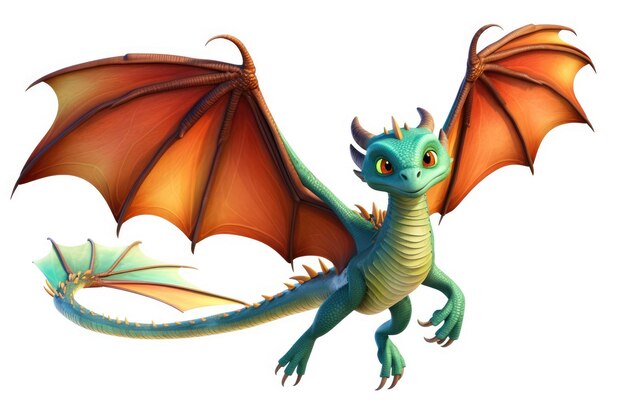 Photo illustration of a flying dragon cartoon on white background inspired by pixar disney