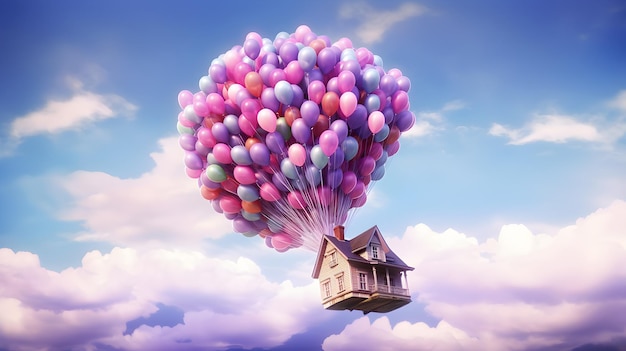 illustration of flying house with many balloon