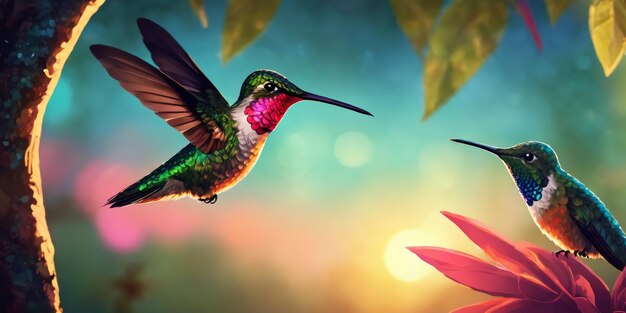 Illustration Of a Flying Hummingbird Near Flower On Sunset