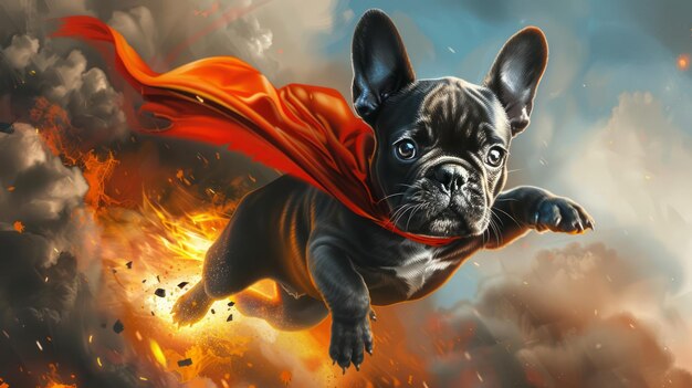 Photo illustration of a flying super french dog puppy with fire powers