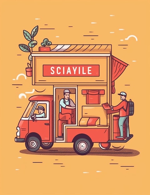 Illustration of a food truck with a man standing in front of it.