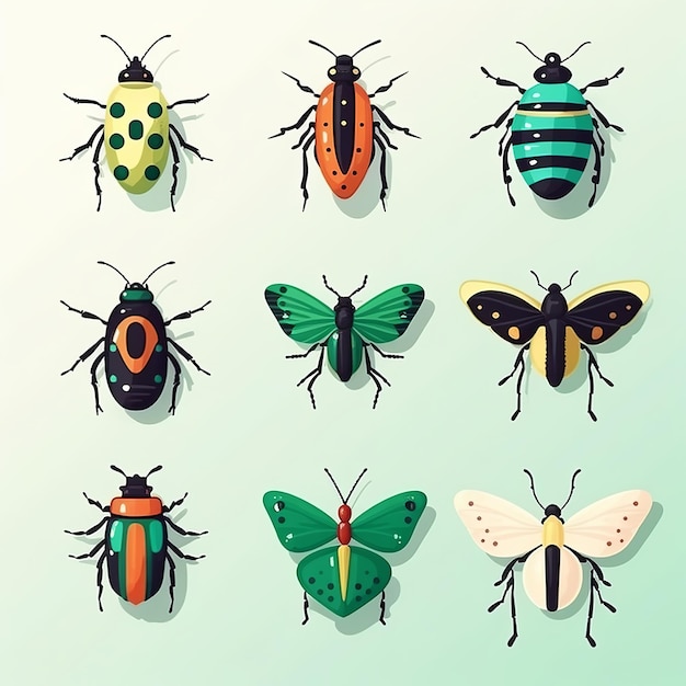 Фото Иллюстрация для милых плоских иконок насекомых, набор наклеек изометрии