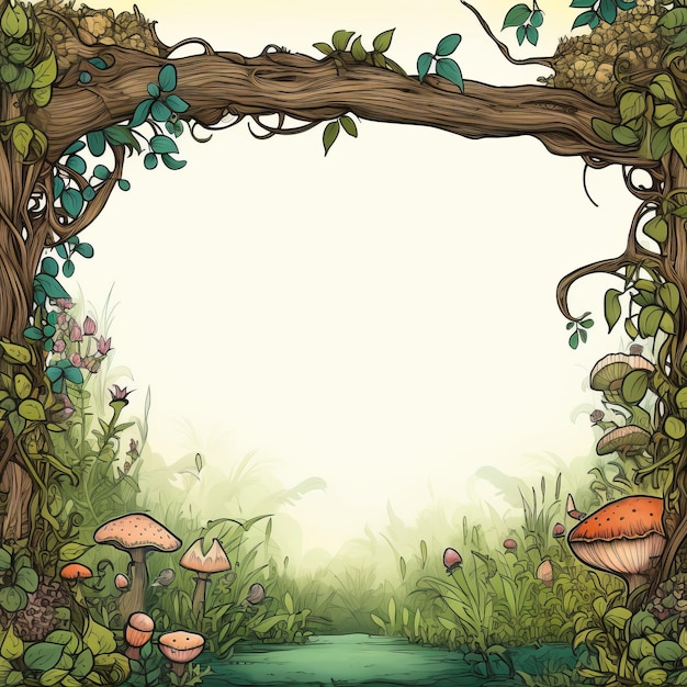 Photo an illustration of a forest frame with mushrooms and plants