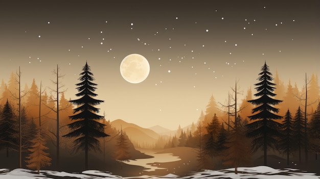 Иллюстрация леса ночью при полной луне