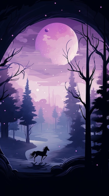 An illustration of a forest at night with a moon in the background