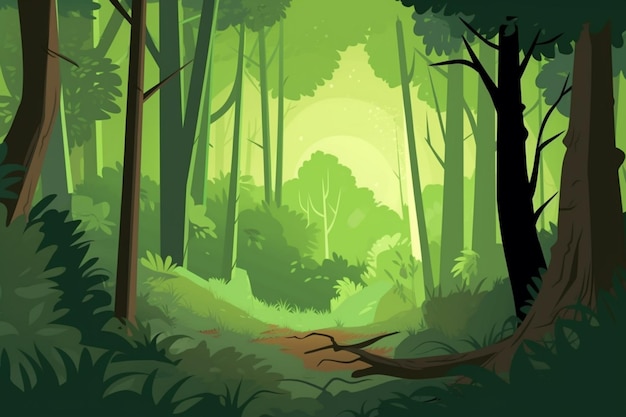 Illustration of a forest scene with a path through the trees generative ai