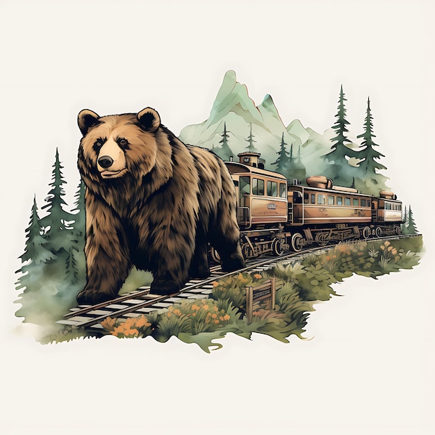 Illustration of Forest Train Tracks Steam Engine Traveling Animals Bears Rab 2D Flat Clipart Label