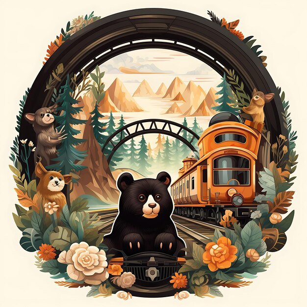 Photo illustration of forest train tracks steam engine traveling animals bears rab 2d flat clipart label