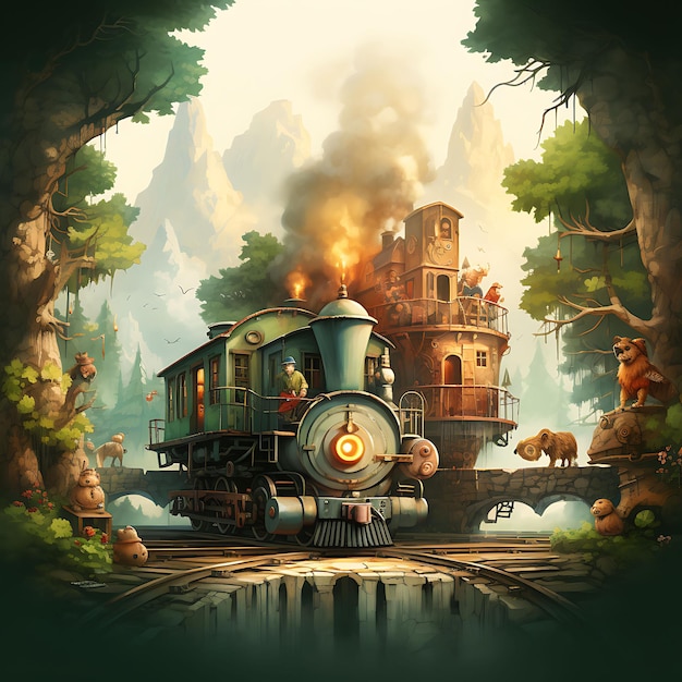 Photo illustration of forest train tracks steam engine traveling animals bears rab 2d flat clipart label