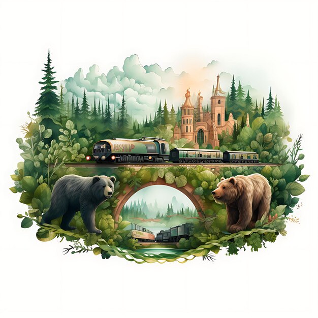 Photo illustration of forest train tracks steam engine traveling animals bears rab 2d flat clipart label