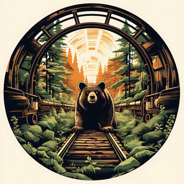 Photo illustration of forest train tracks steam engine traveling animals bears rab 2d flat clipart label