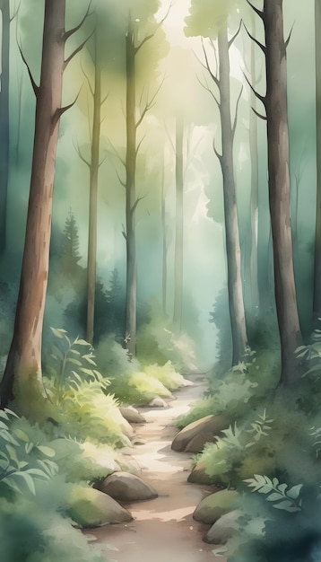 水彩画のスタイルで描かれた森のイラスト
