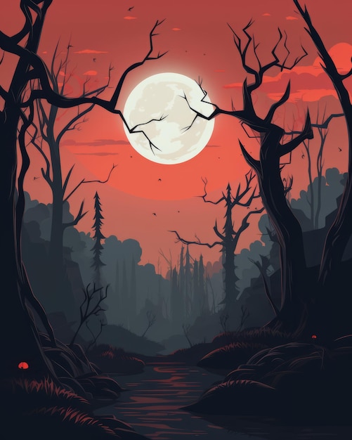 an illustration of a forest with a full moon in the background