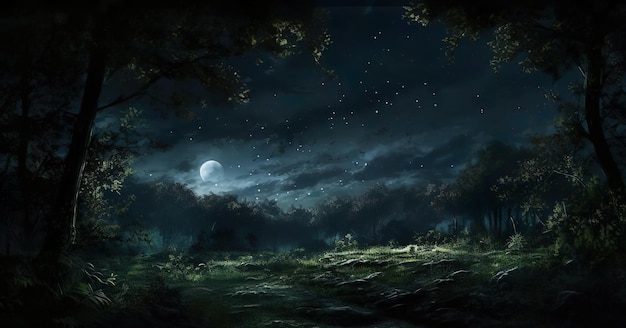夜空に満月がある森のイラスト