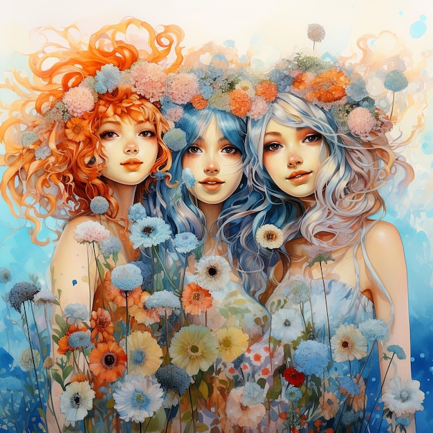 illustration of Four cartoon watercolor girls with beautiful flowers