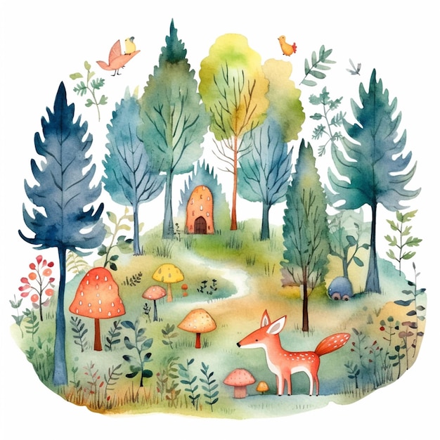 illustration of a fox in a forest with mushrooms and trees generative ai