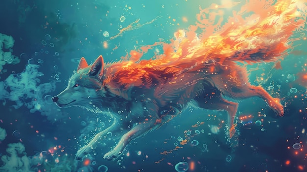 Illustration The fox jumps into the water underwater view Ai generated