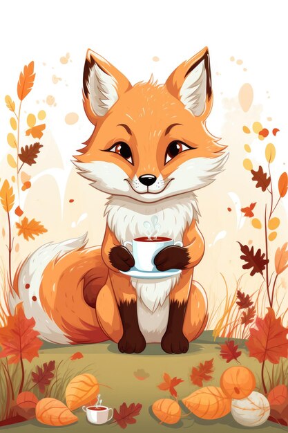 Illustration of a fox with a cup of tea in the autumn forest