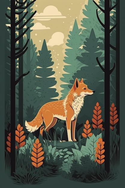 Illustration of a fox in the woods generative ai