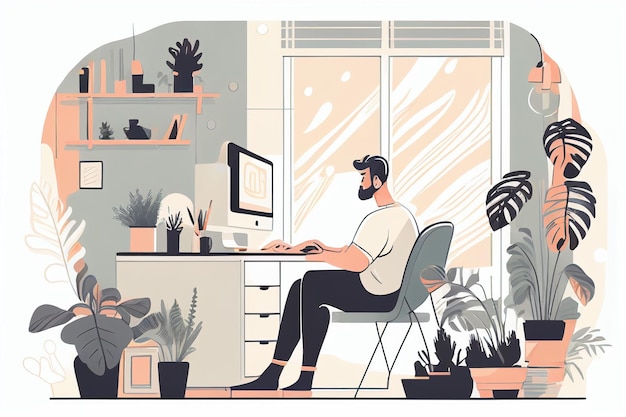 Illustration of freelance and business man work from home Created with Generative AI technology